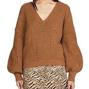 Free People All Day Long Sweater Brown Oversized Cropped V Neck Balloon Sleeves